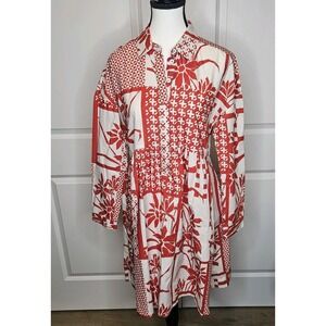 Maeve Anthropologie Red White‎ Patchwork Floral Cotton Shirt Dress S Pocket Tie